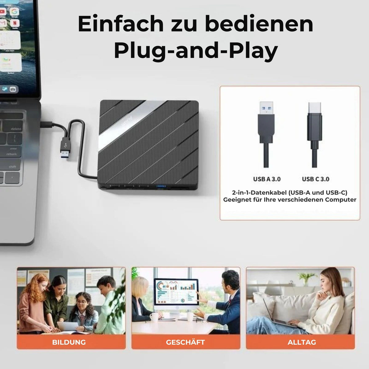 Universeller Laptop-CD-/DVD-Player und -Brenner mit USB-C 3.0, SD-/TF-Kartensteckplatz und 3 USB-Anschlüssen
