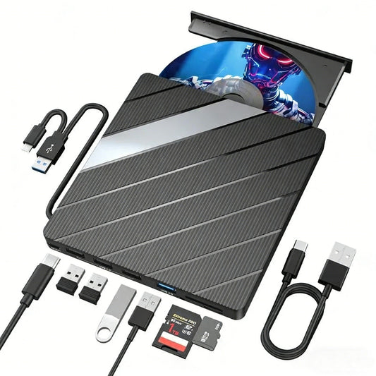 Universeller Laptop-CD-/DVD-Player und -Brenner mit USB-C 3.0, SD-/TF-Kartensteckplatz und 3 USB-Anschlüssen