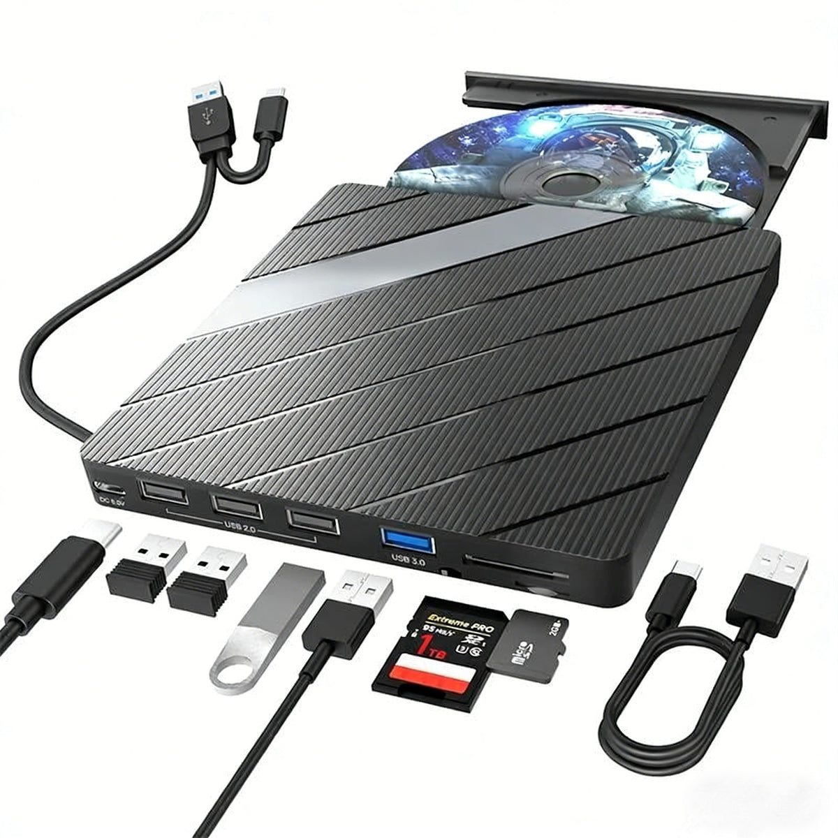 Universeller Laptop-CD-/DVD-Player und -Brenner mit USB-C 3.0, SD-/TF-Kartensteckplatz und 3 USB-Anschlüssen