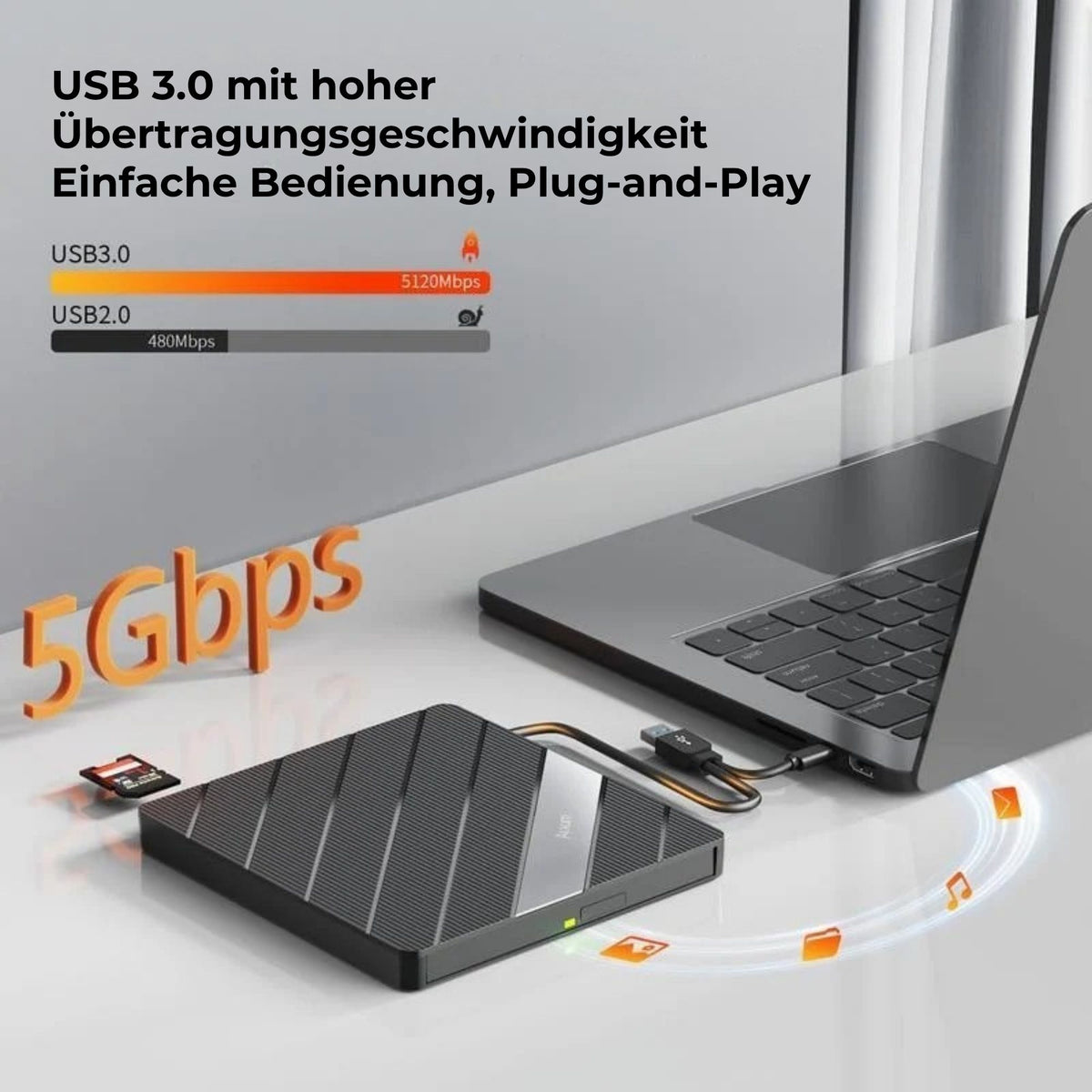 Universeller Laptop-CD-/DVD-Player und -Brenner mit USB-C 3.0, SD-/TF-Kartensteckplatz und 3 USB-Anschlüssen