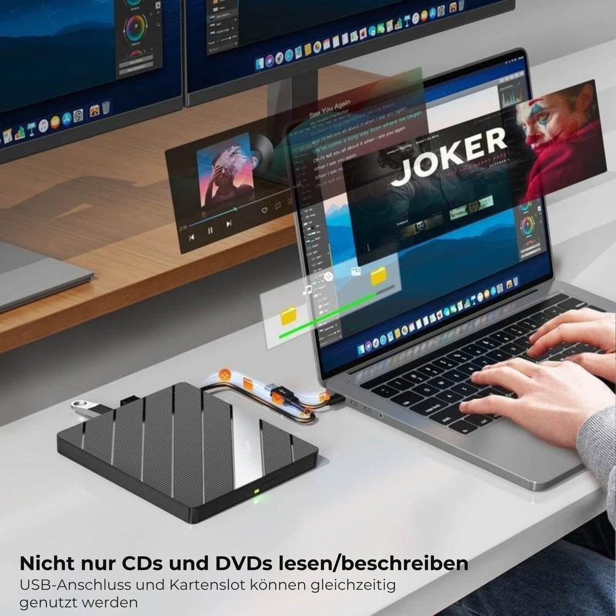 Universeller Laptop-CD-/DVD-Player und -Brenner mit USB-C 3.0, SD-/TF-Kartensteckplatz und 3 USB-Anschlüssen