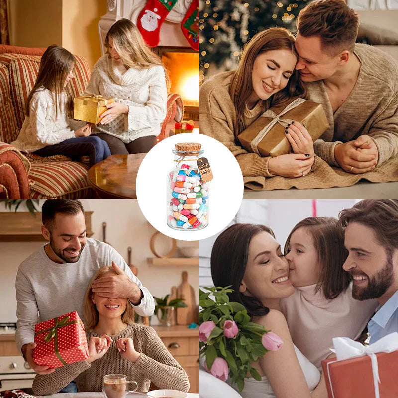 Kapseln mit Nachricht in Geschenkflasche