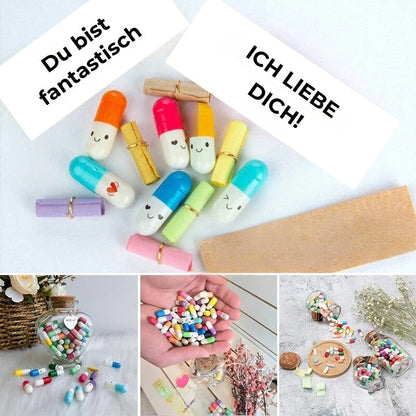 Kapseln mit Nachricht in Geschenkflasche